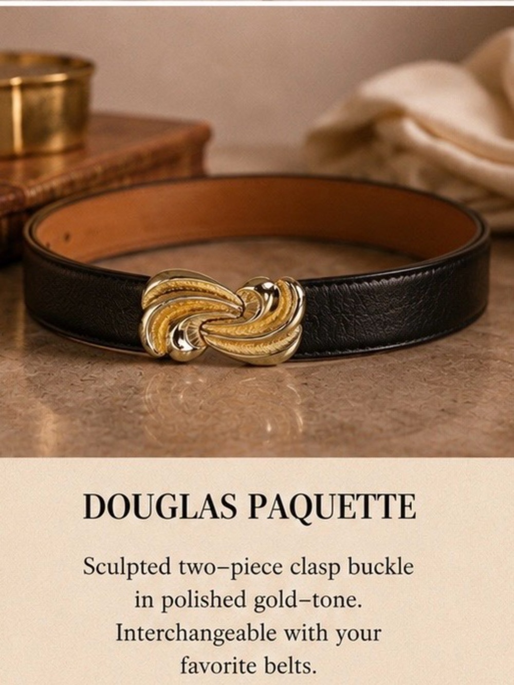 Douglas Paquette Belt Buckle Gold Tone Swirl Bow 2-Piece 1980s Vintage Signed